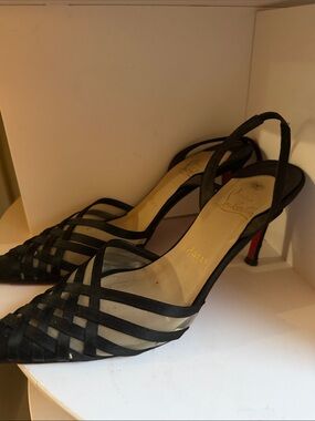 Christian Louboutin Black Mesh Strappy Slingback Heels with Red Sole